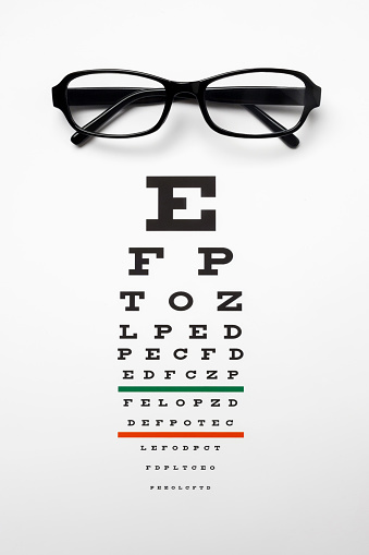 Reading glasses on eye chart