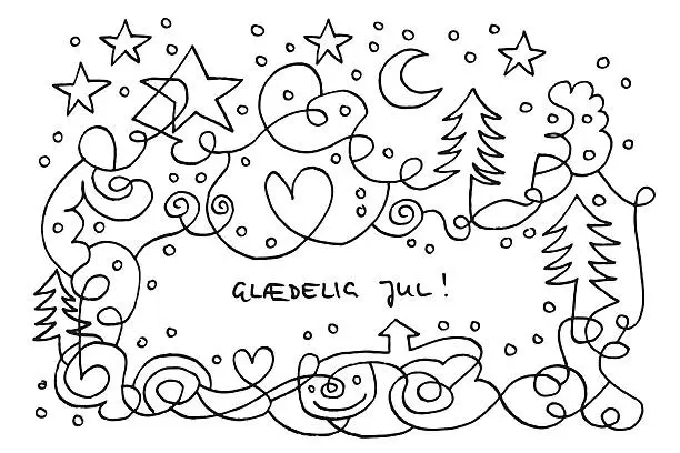 Vector illustration of Glædelig Jul Snowy Christmas Night Doodle Drawing