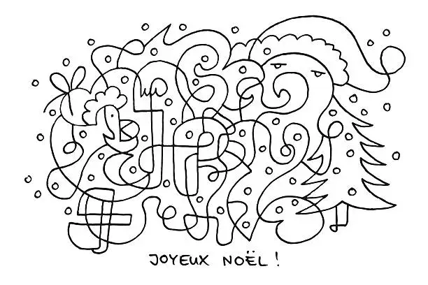 Vector illustration of Joyeux Noel Funny Christmas Line Art Doodle Drawing
