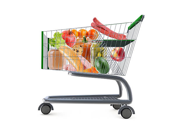 istock Full shopping grocery cart. Isolated on white background. 636203510