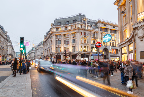 London, England - December 17, 2016: Oxford Circus, London - busy with Christmas shoppers. In London, England. On 17th December 2016.