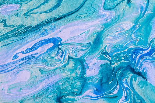 Blur marbling blue-violet texture. Creative background with abstract oil painted waves handmade surface. Liquid paint.