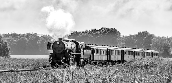 Pivka, Slovenia - June 25, 2023: Close-up on the locomotive of a military train from WWII at the Pivka Park of Military History