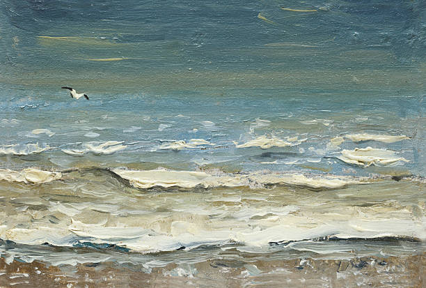 mar tras tormenta espumando olas y gaviotas sobre el agua. - oil painting paintings landscape painted image fotografías e imágenes de stock