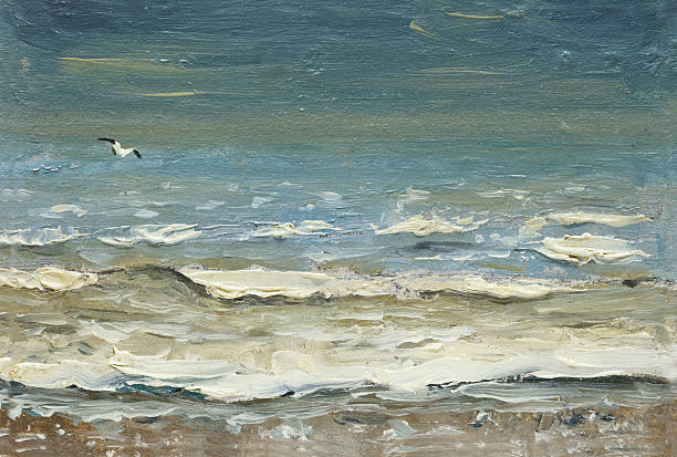 море после шторма пенясь волны и чайки над водой. - palette knife painting стоковые фото и изображения