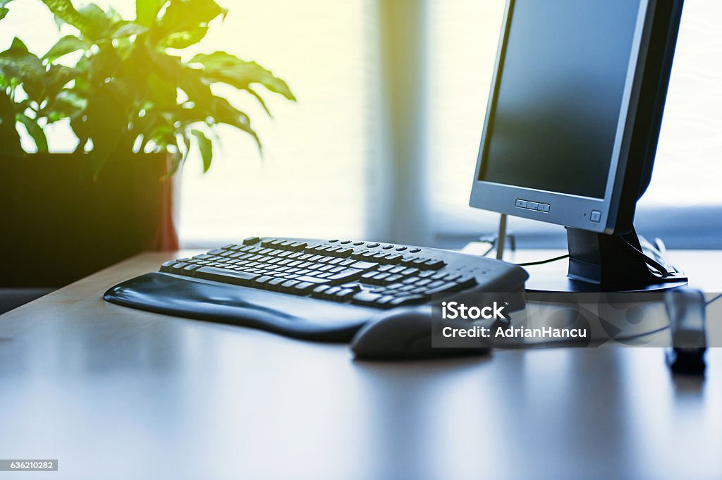 Modern Computer on desk in office lit by sun Personal computer on a desk in bright modern office lit by yellow sun coming from the window Computer Keyboard Stock Photo
