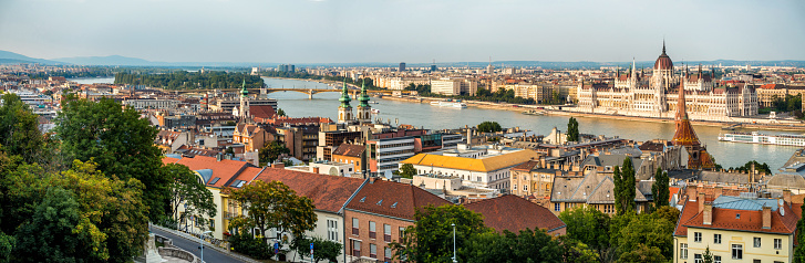 panoramic view ofMargitsziget (Margaret Island) and Budapest Országház (Parliament) in Hungary