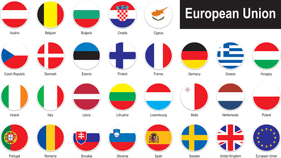 round flags of European Union with country names