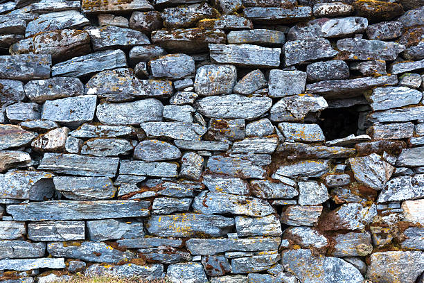 istock Stone Wall of rural Building made with manual work only 636214252