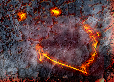 Composition about a strange phenomenon of smiling Hawaiian Kilauea volcano, looking like eyes and smile seen from above its crater. Located in Big Island, Hawaii, United States.