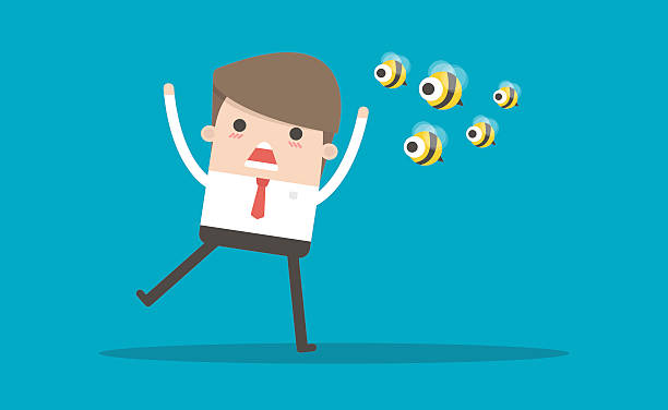 Cartoon businessman was attacked by swarm Cartoon businessman was attacked by swarm of angry wild bees and running away from dangerous insects. Insect sting allergy danger, healthcare concept design hornet swarm stock illustrations
