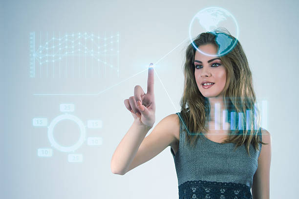 istock Businesswoman working with modern virtual technologies hands touching the screen. 636225318