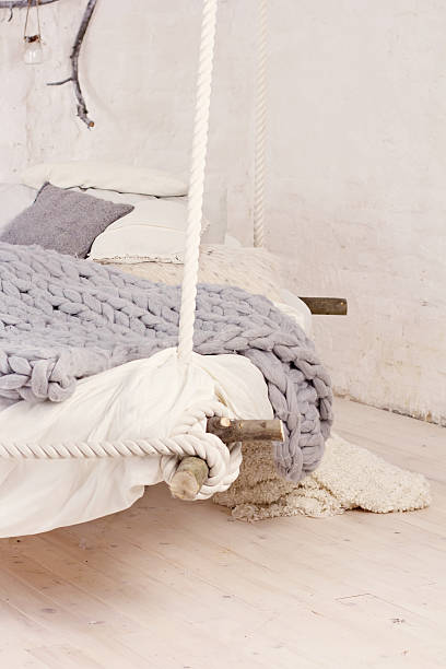 istock Bed, Scandinavian style, gray plaid. 636225432