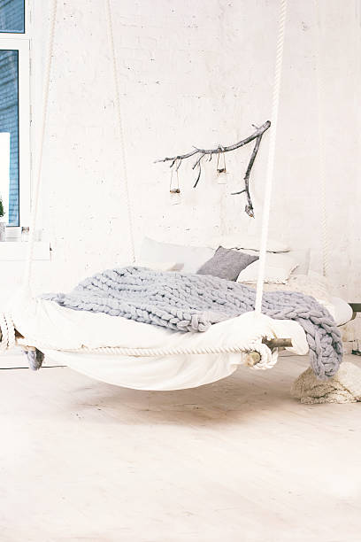 istock Bed, Scandinavian style, gray plaid. 636225464