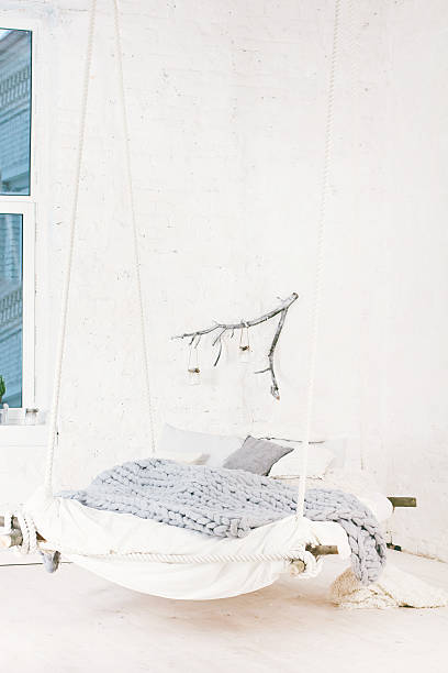 istock Bed, Scandinavian style, gray plaid. 636225506