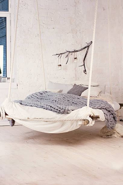 istock Bed, Scandinavian style, gray plaid. 636225668