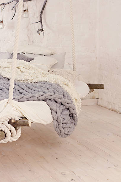 istock Bed, Scandinavian style, gray plaid. 636225774