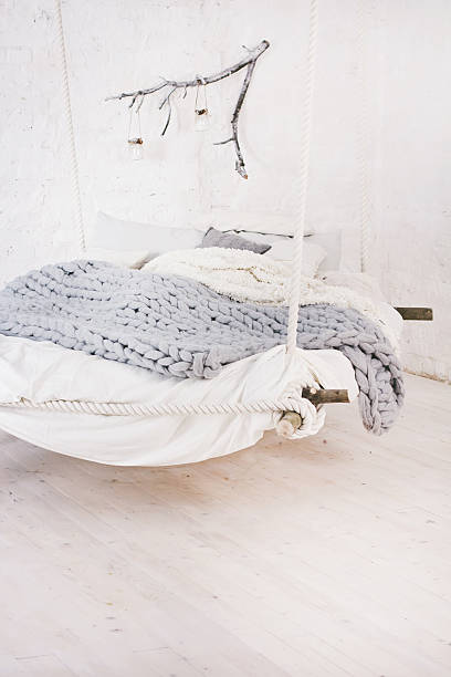 istock Bed, Scandinavian style, gray plaid. 636225820