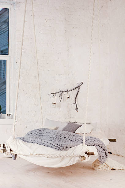 istock Bed, Scandinavian style, gray plaid. 636225968