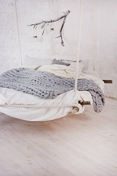 istock Bed, Scandinavian style, gray plaid. 636226006