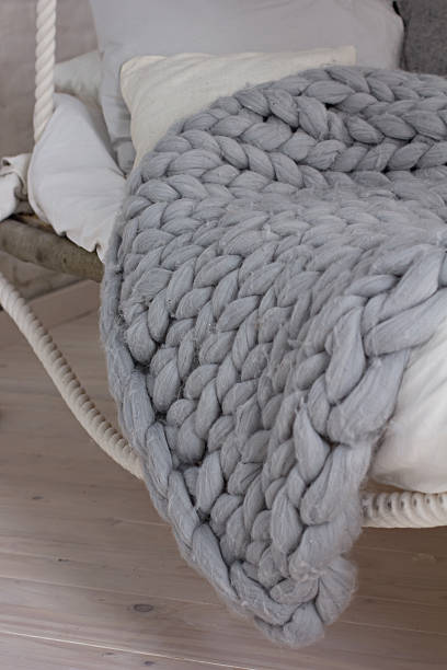 istock Bed, Scandinavian style, gray plaid. 636226040