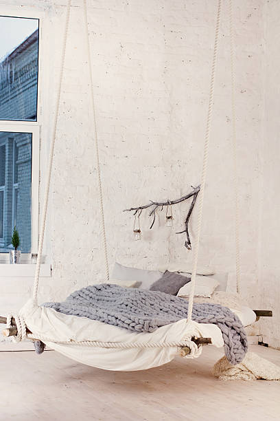 istock Bed, Scandinavian style, gray plaid. 636226076