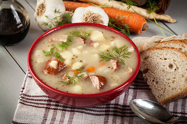 Sour soup made of rye flour stock photo