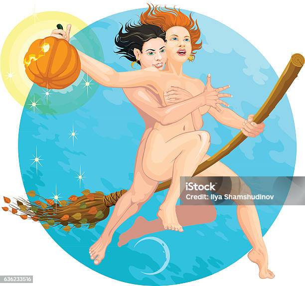 Halloween Two Little Witches Flying On A Broom Vector Stock Illustration - Download Image Now