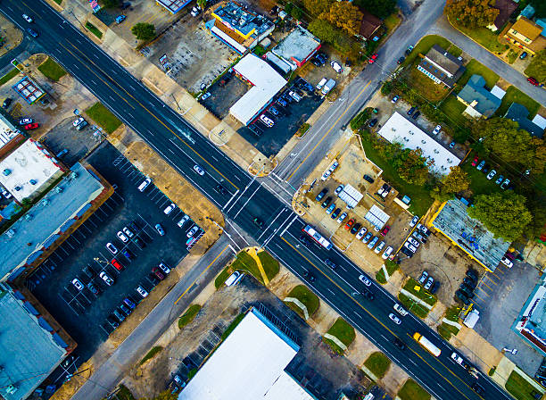 istock Aerial Looking down Cross Roads Urban Intersection 636234064