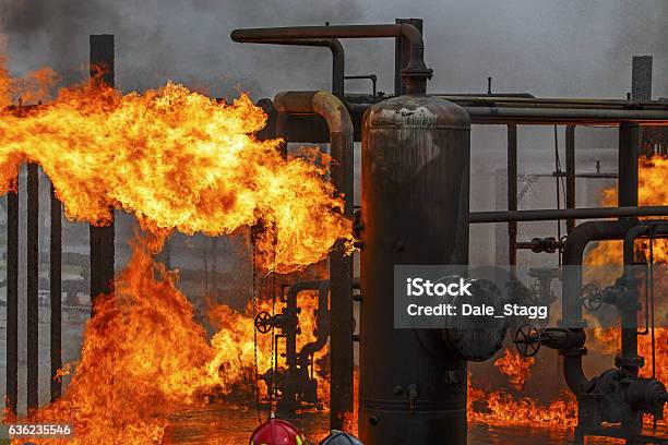 Industrial Fire Training For Refinery Or Chemical Plant Fire Brigade Stock Photo - Download Image Now