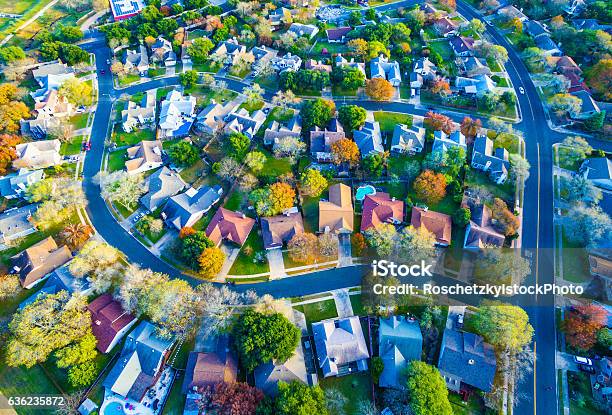 Colorful Fall Aerial Homes In Modern Suburb Stock Photo - Download Image Now - Aerial View, Suburb, Texas