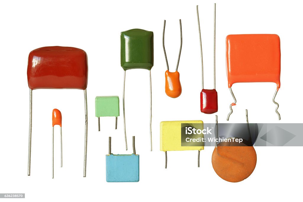 Electronic Capacitors Several Types isolated on white background Capacitor Stock Photo