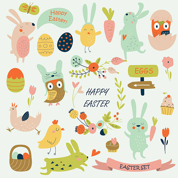 ilustraciones, imágenes clip art, dibujos animados e iconos de stock de eastersetbrightgreenredpink - young bird illustrations