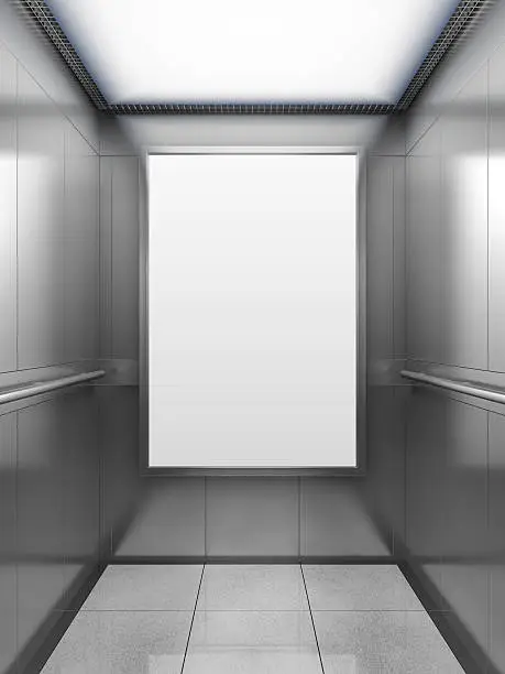 Blank billboard or poster inside of empty elevator cabin. 3D illustration.