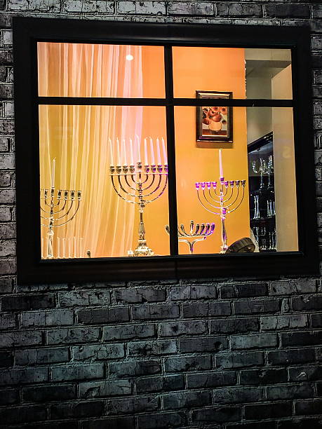 Jewish holiday Hanukkah background with menorah (traditional candelabra) stock photo