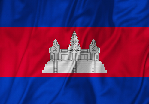 Closeup of Ruffled Cambodia Flag, Cambodia Flag Blowing in Wind