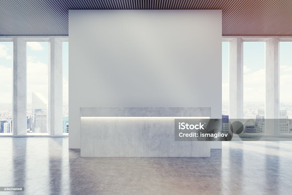 Reception counter, corridor, wide shades, toned Reception desk in a corridor with large panoramic window with wide shades. 3d rendering. Mock up. Toned image Hotel Reception Stock Photo