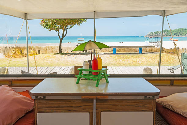 istock Retro styled holiday caravan at Mount Maunganui Beach 636246280