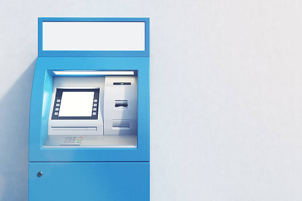 Close up of blue ATM machine Close up of a blue ATM machine standing near a concrete wall. Concept of monetary operations. 3d rendering. Mock up credit card paying banking business stock pictures, royalty-free photos & images