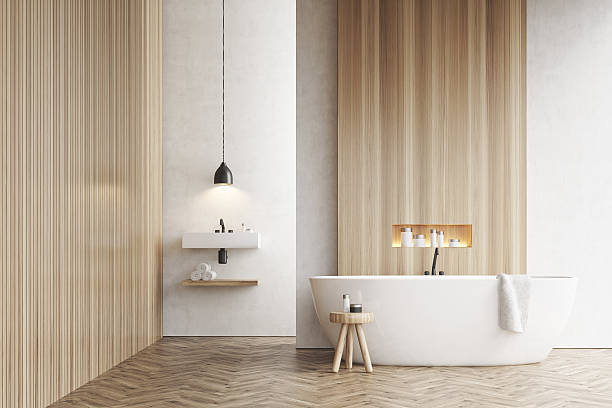 istock Bathtub, a sink and a chair, white walls 636248074