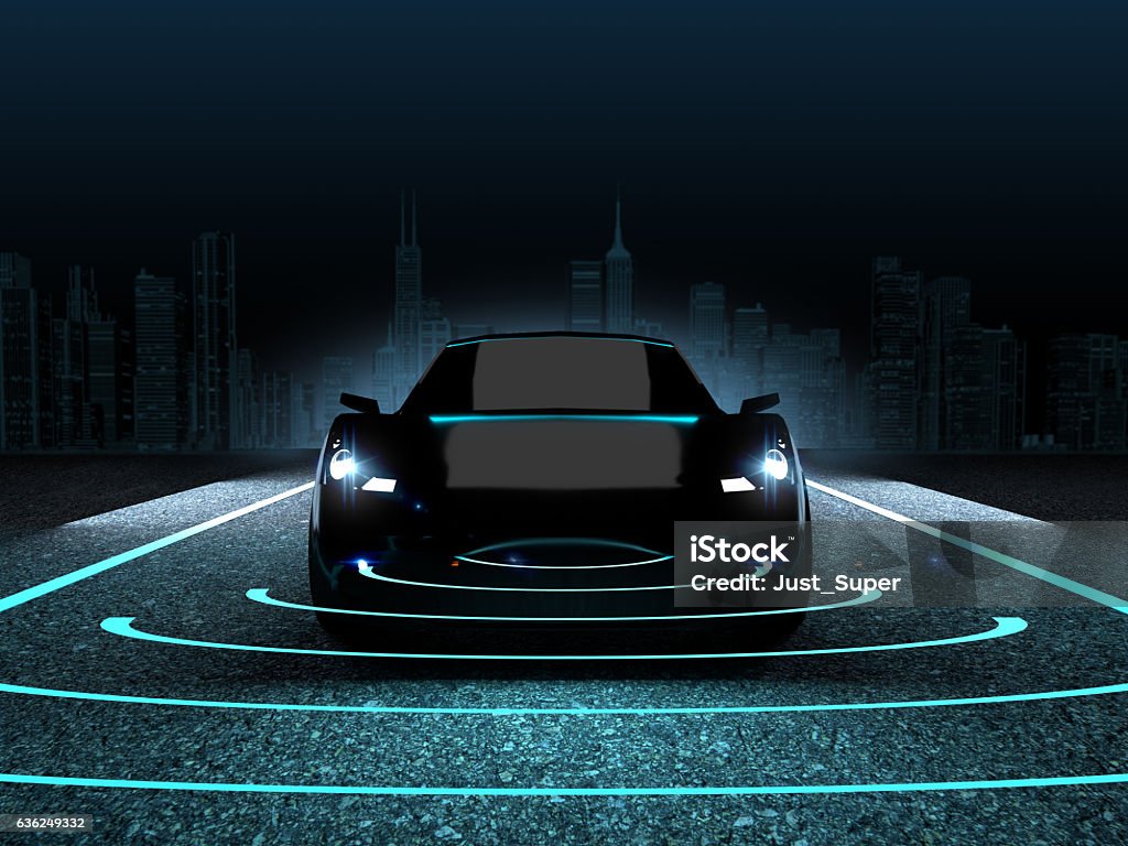 Self driving electronic computer car on road Mode of Transport, Technology, Cable, Computer, Concepts & Topics Futuristic Stock Photo