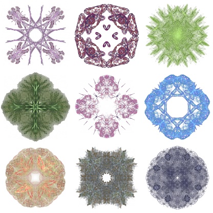 Set of different colored patterns on an abstract fractal.