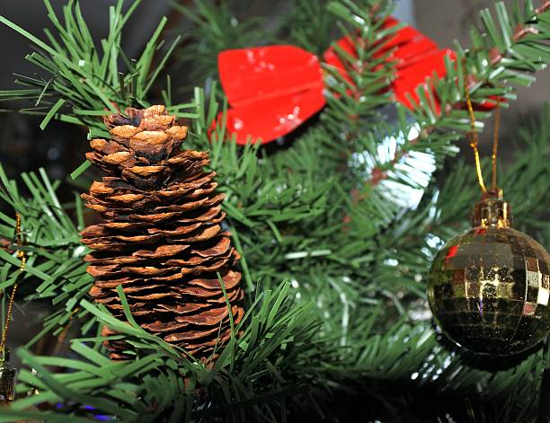 istock Brown pine cone. christmas toys on new year tree background. 636252494