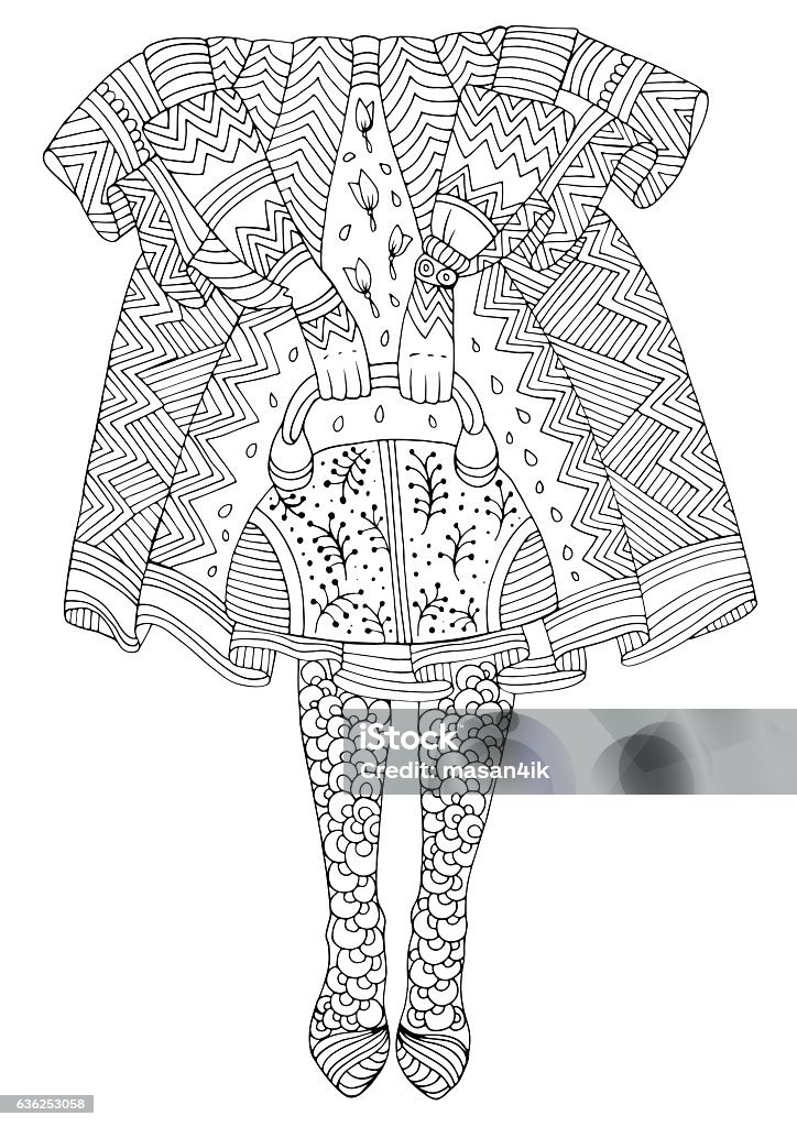 Vector fashionable girl in patterned tights and skirt holding bag Vector hand drawn line fashionable girl in patterned tights holding bag in lush skirt. Fashion illustration. Pattern for coloring page A4 size. Adult stock vector