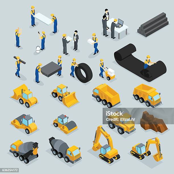 Ilustración de Establecer Iconos 3d Isométricos Para Trabajadores De La Construcción Grúa Maquinaria Energía y más Vectores Libres de Derechos de Proyección isométrica
