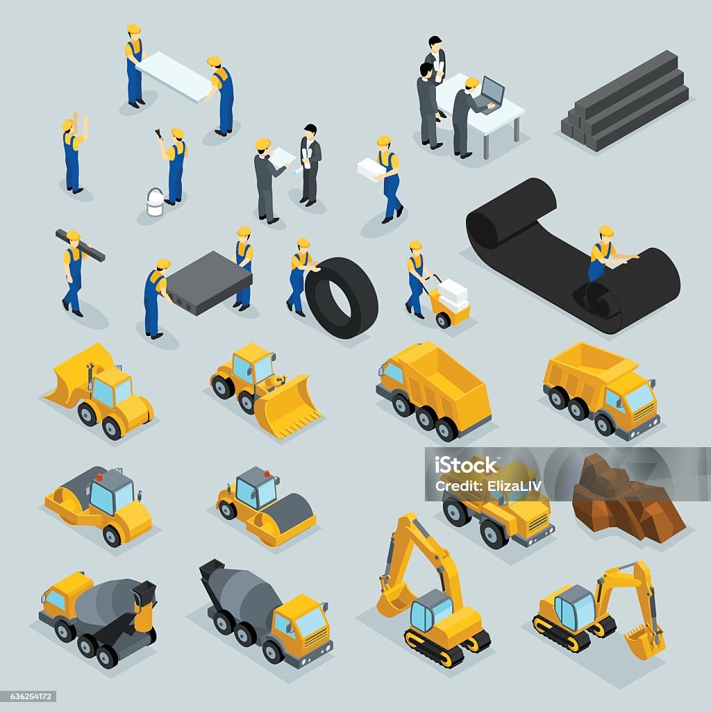 Set isometric 3D icons for construction workers, crane, machinery, power Set isometric 3D icons for construction workers, crane, machinery, power, transportation, clothing, buses on a gray background. Isometric Projection stock vector