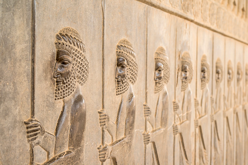 Bas-relief at the Apadana, Persepolis, Iran. Persepolis (Old Persian: Pārśa; Modern Persian: Pārse) was the ceremonial capital of the Achaemenid Empire (ca. 550–330 BC). 