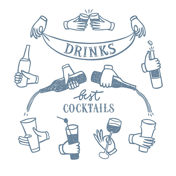 illustrazioni stock, clip art, cartoni animati e icone di tendenza di set di mani con bevande e bottiglie - beer wine drink collection