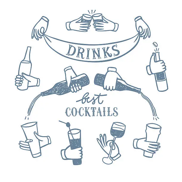 Vector illustration of Set of  hands with drinks and bottles