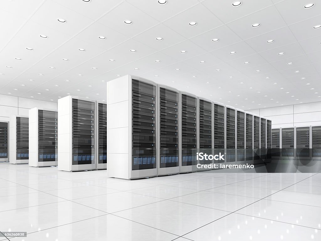 server room in datacenter High tech interior of server room in data center. Concept of quantum super computer with artificial intelligence in white interior. 3D illustration. Network Server Stock Photo